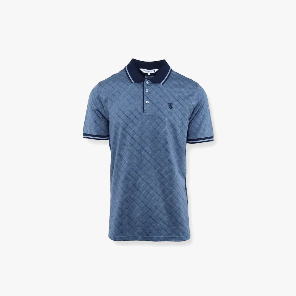 Pringle Mens Ostin Mercerised Short Sleeve Golfer in navy with a distinctive diamond pattern and striped collar and cuffs.