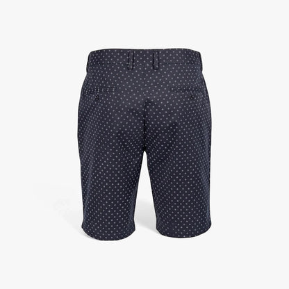 Pringle Mens Peter printed navy shorts, shown from the back, featuring a subtle white geometric pattern and two buttoned