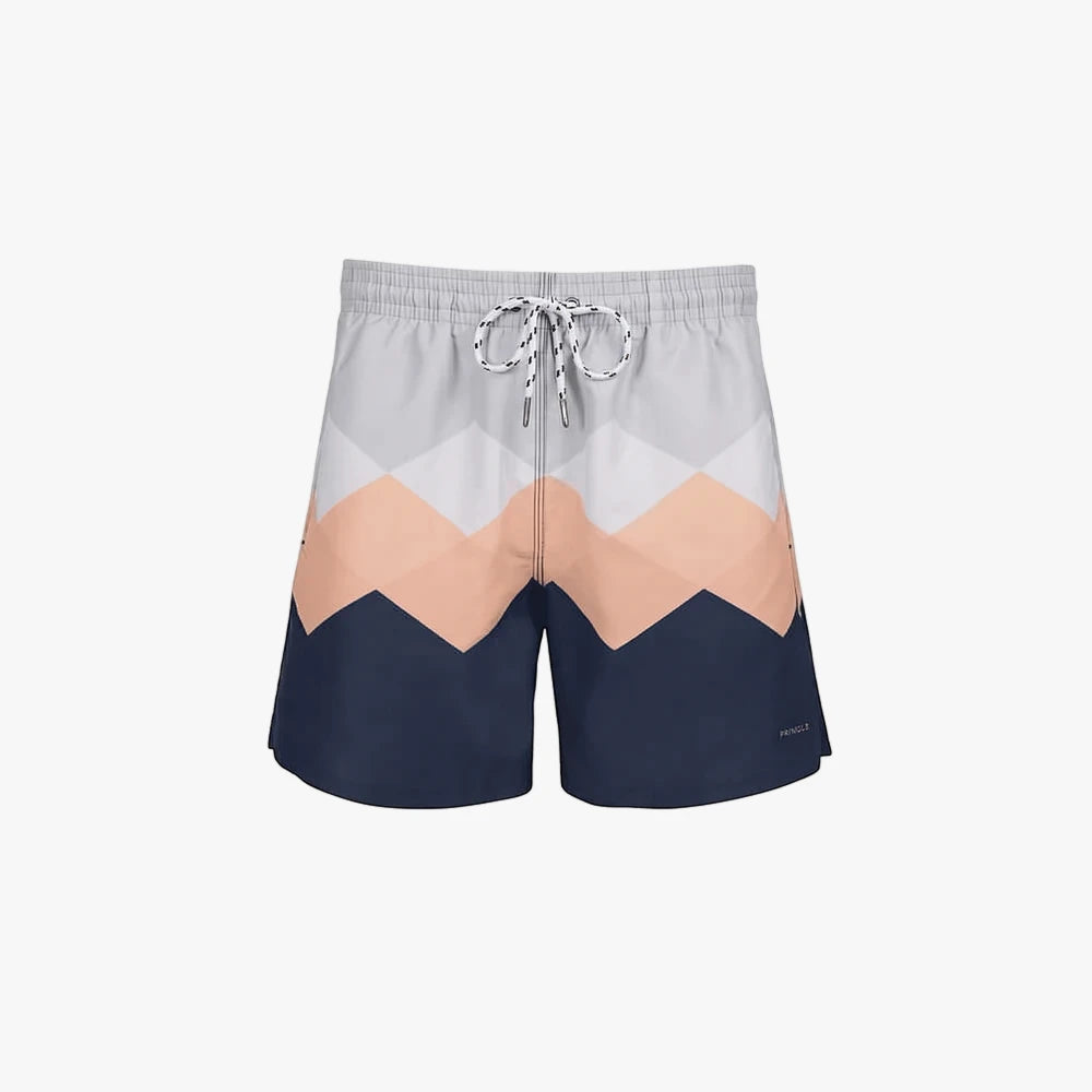 Pringle Mens Steven Shorts featuring a distinctive peach, light grey, and navy blue chevron pattern, displayed on a plain