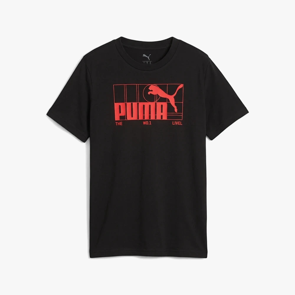Puma Boys Graphic No 1 Logo Short Sleeve Tee in black, featuring a prominent red Puma brand logo and text graphic on the
