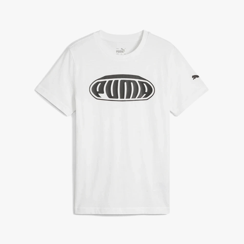White short sleeve crew neck t-shirt with a large black oval Puma logo on the chest and a smaller logo on the left sleeve.