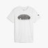 White short sleeve crew neck t-shirt with a large black oval Puma logo on the chest and a smaller logo on the left sleeve.