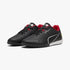 Black Puma Drift Cat 11 Jnr sneakers with red lining and white accents, showcasing a sleek design and brand logos.