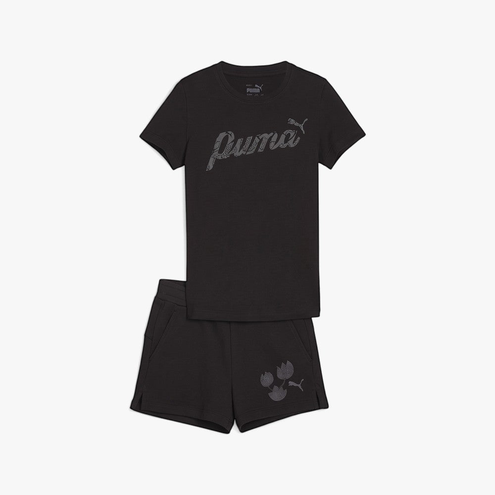 Puma Girls Blossom Tee Shorts Set in black featuring a short-sleeve tee with a subtle blossom logo and matching shorts