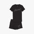 Puma Girls Blossom Tee Shorts Set in black featuring a short-sleeve tee with a subtle blossom logo and matching shorts