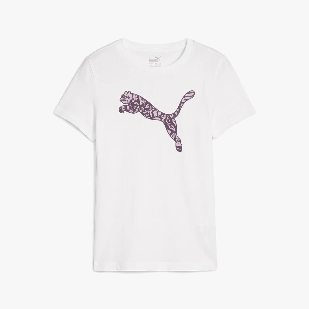 White Puma Girls Ess+ Graphic Tropicat short sleeve tee featuring a vibrant purple tropical-patterned jumping puma graphic.