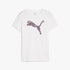 White Puma Girls Ess+ Graphic Tropicat short sleeve tee featuring a vibrant purple tropical-patterned jumping puma graphic.