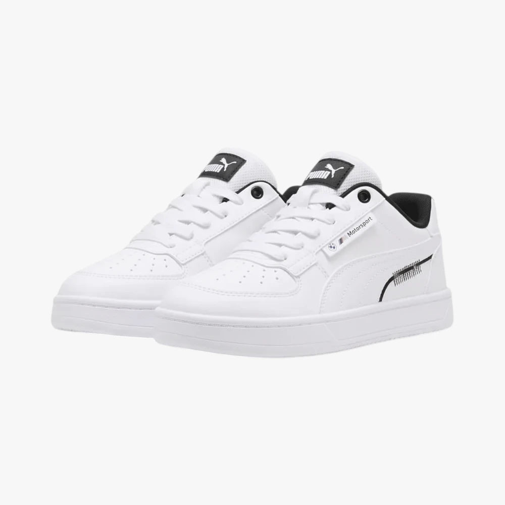 Pair of white Puma Kids BMW M Motorsport Caven sneakers with black branding and laces, side view.