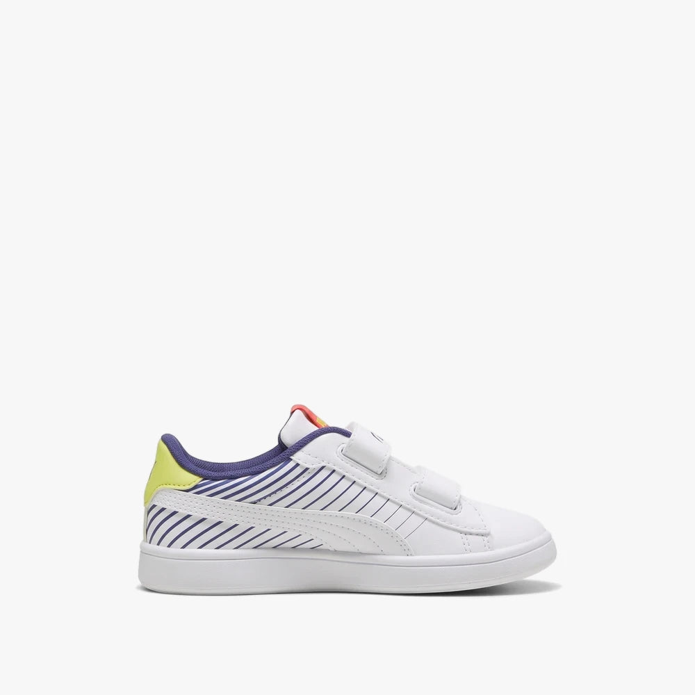 Puma Kids Smash 3.0 Sneaker Posied 2 Race V in white with velcro closure and blue side stripes.