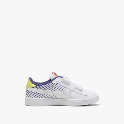 Puma Kids Smash 3.0 Sneaker Posied 2 Race V in white with velcro closure and blue side stripes.