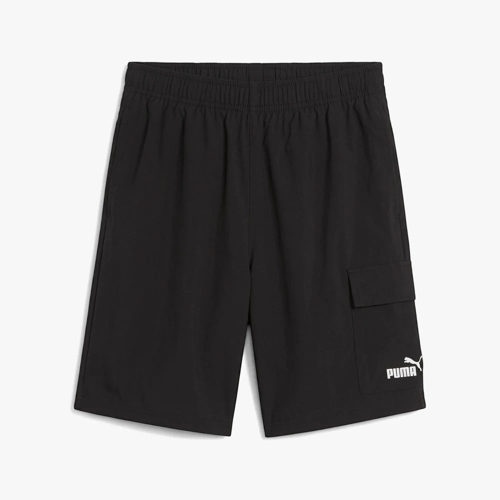 Black Puma Mens Ess No1 Woven Cargo Shorts, featuring an elastic waist and white logo detail, presented in a flat-lay view.