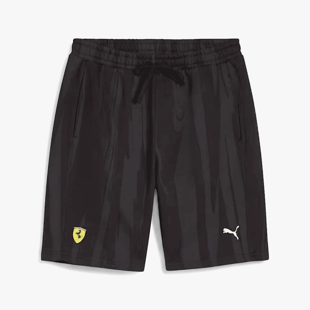 Black Puma Mens Ferrari Race Aop shorts with a subtle striped pattern, featuring the iconic yellow Ferrari shield and white