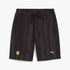 Black Puma Mens Ferrari Race Aop shorts with a subtle striped pattern, featuring the iconic yellow Ferrari shield and white