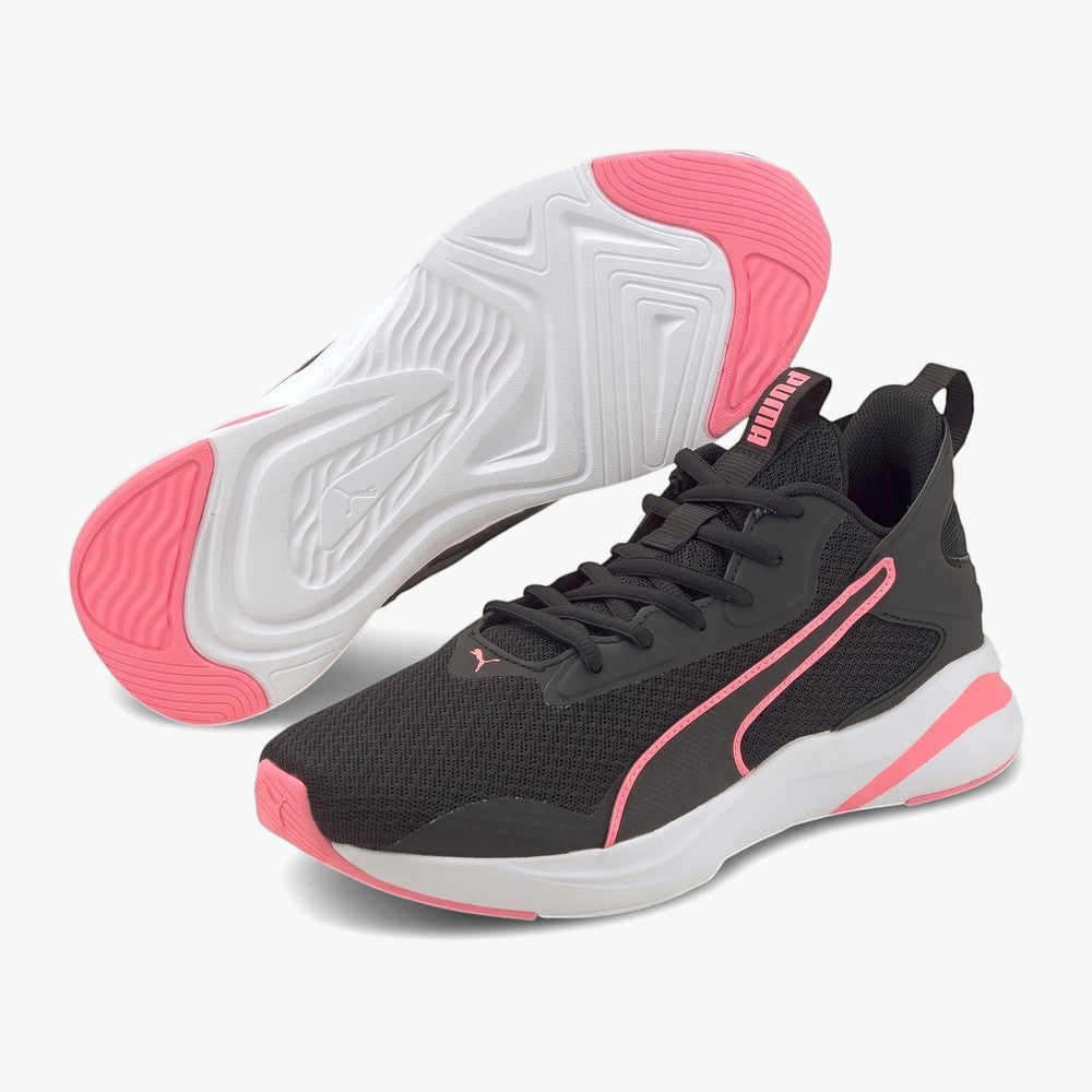 Puma Womens Softride Rift sneakers in black and peach, featuring mesh uppers, pink side stripes, and white outsoles, viewed
