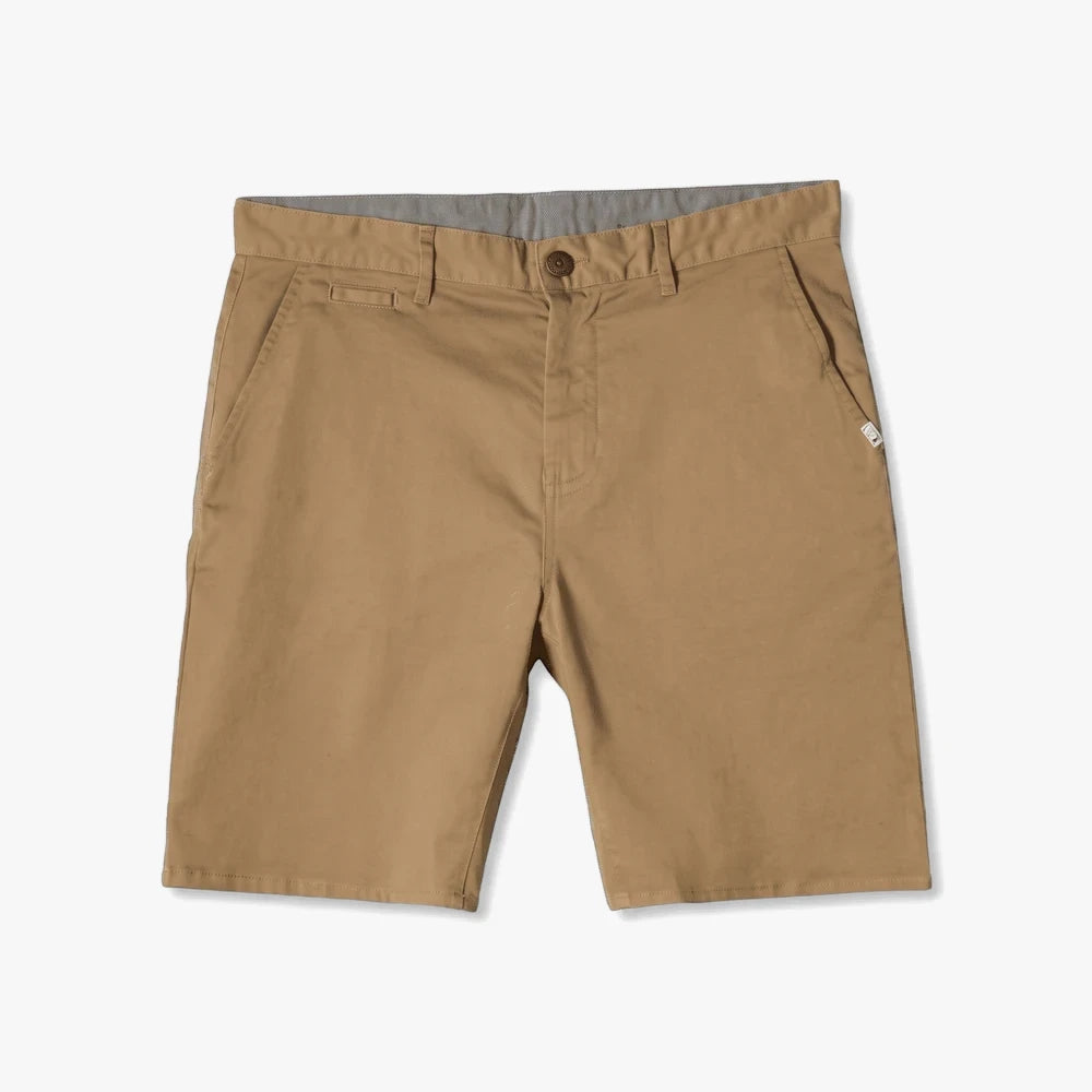 Quiksilver Mens Everyday Stretch Short in khaki color, made from stretch fabric, displayed flat lay with visible button and