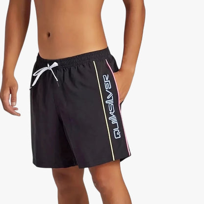 Black Quiksilver Mens Everyday Vert Volley 2 17" shorts with vertical multicolor stripe and logo, worn by a male model.