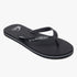 Black Quiksilver Molokai Core Sandal with silver logo and white sole stripes, viewed from a slightly elevated angle.