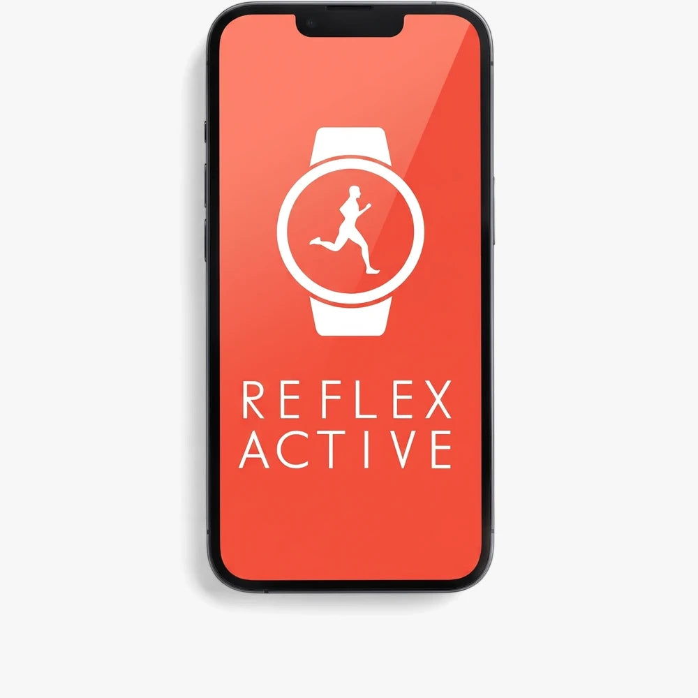 Black smartphone displaying the Reflex Active Series 23 fitness watch app with a white running icon on a vibrant orange