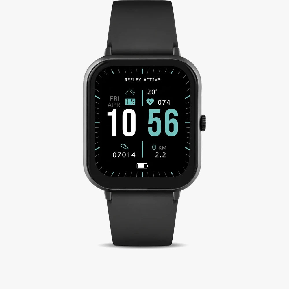 Reflex Active Series 23 smartwatch with a black square case and black silicone strap, showing time, date, and fitness data.