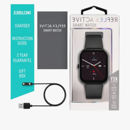 Reflex Active Series 23 smartwatch with a black case and black silicone strap, shown in its retail packaging with a charger