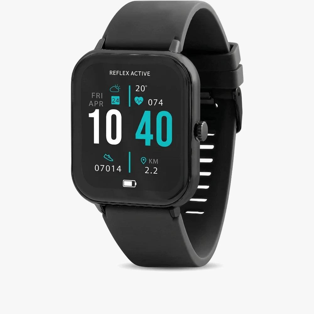 A Reflex Active Series 23 smartwatch with a black case and black silicone strap, featuring a digital display showing time,
