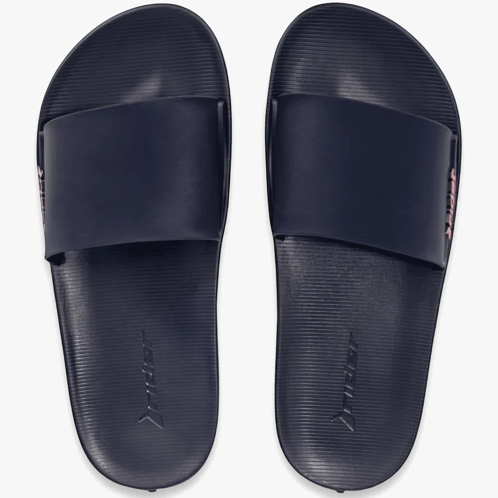A pair of dark blue Rider Speed Slide Inf sandals, seen from an overhead view, featuring textured footbeds and straps.
