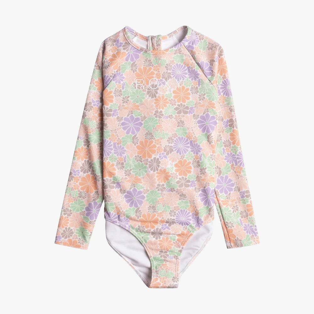 Roxy Girls All About Sol long-sleeve one-piece swim suit with a colorful floral pattern and back zipper.