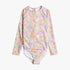Roxy Girls All About Sol long-sleeve one-piece swim suit with a colorful floral pattern and back zipper.