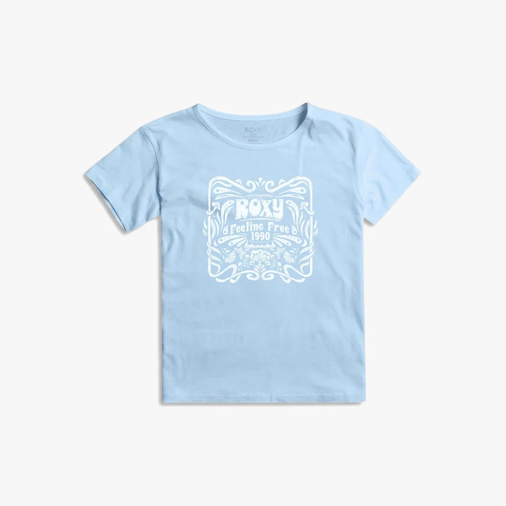 Roxy Girls Back On My Feet Short Sleeve Tee in clear sky blue, featuring a white &