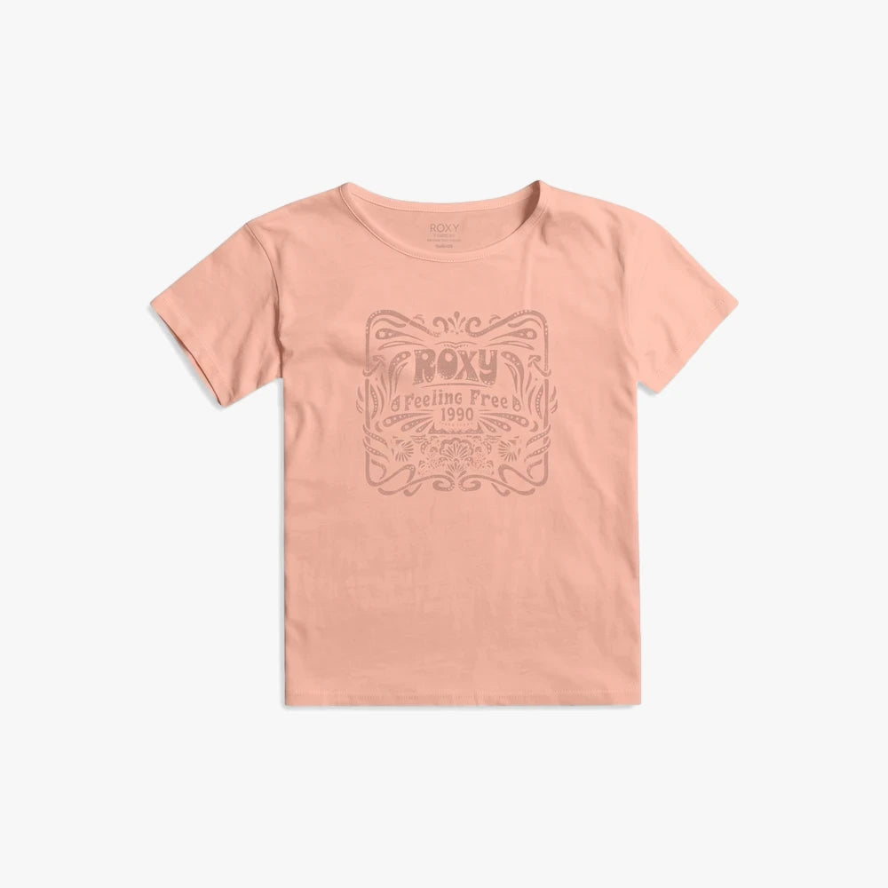 Peach Roxy Girls Back On My Feet short sleeve tee with a detailed graphic print, presented as a flat lay.