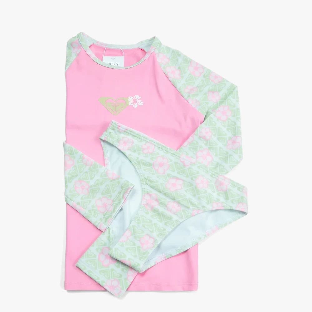 Roxy Girls Hibiline Long Sleeve Lycra Set in pink and green with floral pattern, showing a long-sleeve rashguard and