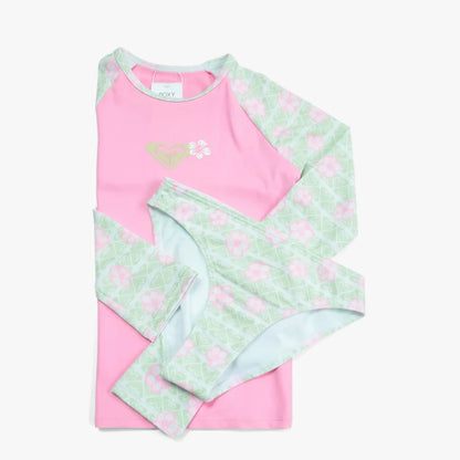 Roxy Girls Hibiline Long Sleeve Lycra Set in pink and green with floral pattern, showing a long-sleeve rashguard and