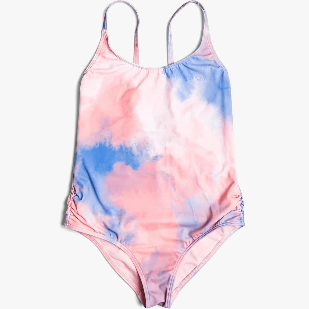 Roxy Girls Malibu Story one-piece swimsuit in pink and blue tie-dye print, featuring spaghetti straps and gathered sides.
