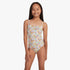 Roxy Girls Nostalgic Seaside one-piece swimsuit in a multi-color floral print on a light blue ribbed fabric, front view.