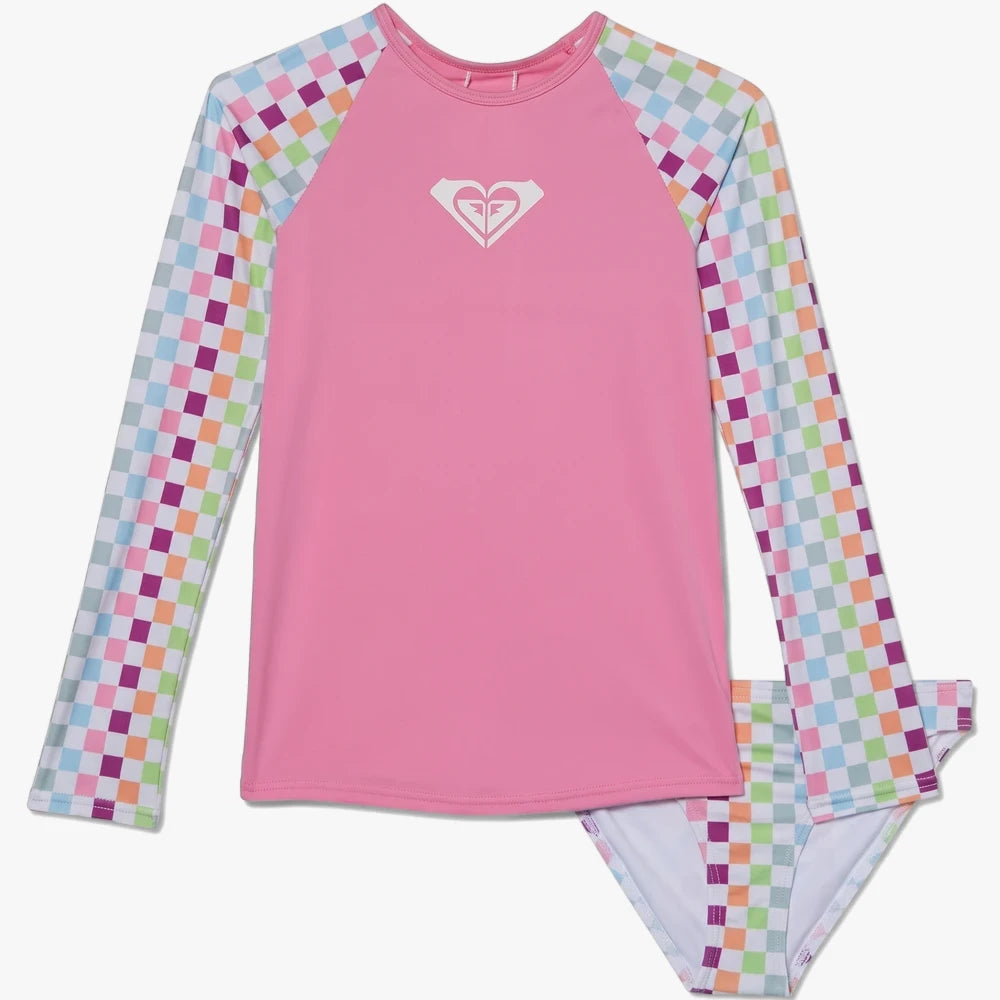 Roxy Girls Rainbow Check Long Sleeve Swim Set in pink with white logo and colorful checkered sleeves, displayed flat.