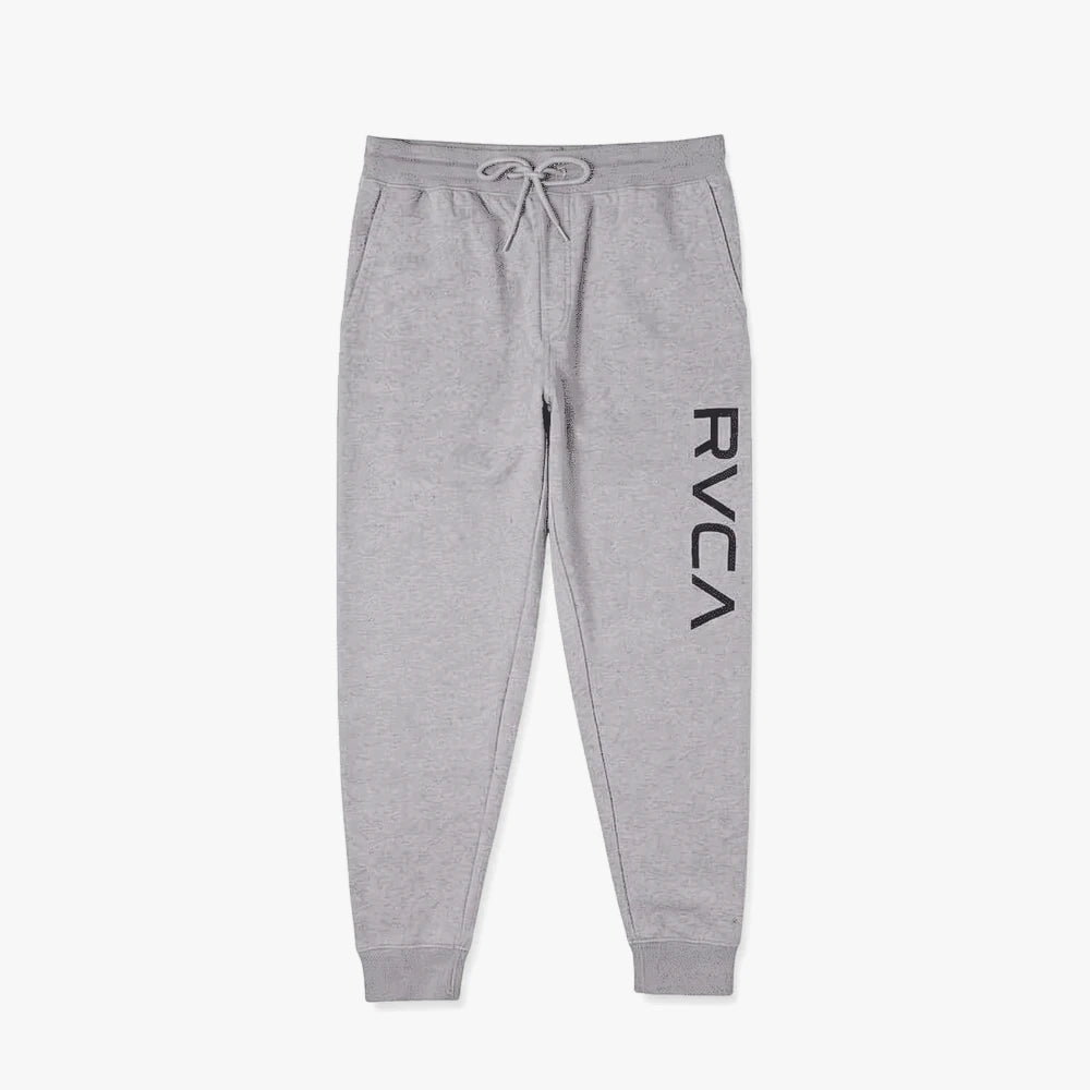 Rvca Boys Big Logo Trackpants in athletic heather gray, featuring a vertical black RVCA logo, ribbed cuffs, and drawstring