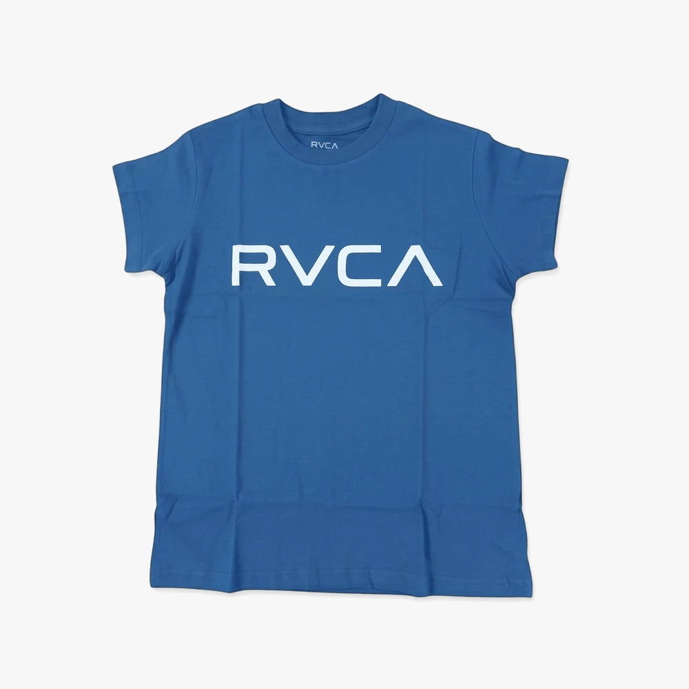 Rvca Boys Big Rvca Short Sleeve Tee in Estate Blue with white logo, front view flat lay.