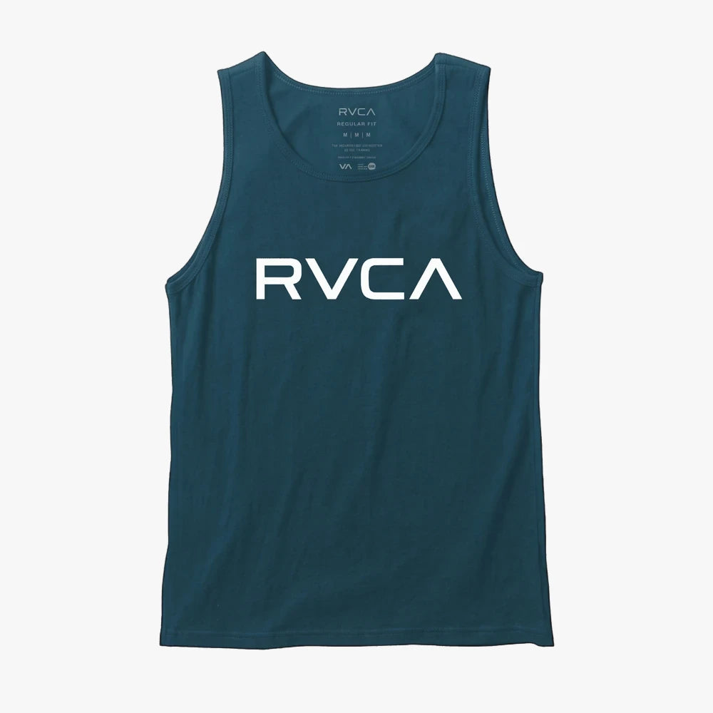 Rvca Boys Big Rvca Tank Vest in duck blue, laid flat, featuring a bold white RVCA logo on the chest.