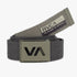 Coiled Rvca Grafted Web Belt in midnight green, made from durable canvas webbing with a matching branded metal buckle.