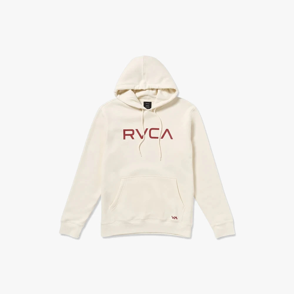Rvca Mens Big Rvca Hoodie Pullover in silver bleach cream, featuring a prominent red chest logo and a front kangaroo pocket.