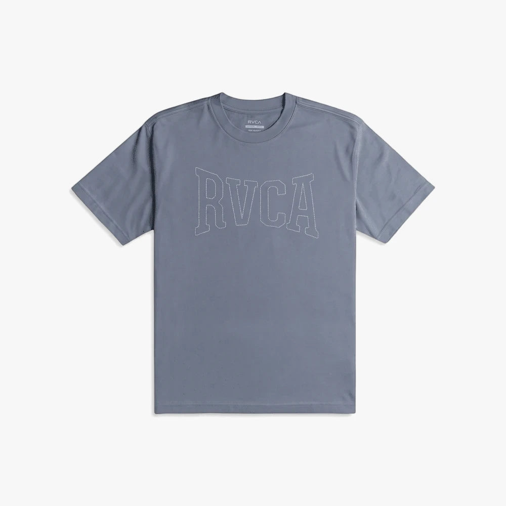 Rvca Mens Stitch Short Sleeve Tee in flint stone blue-grey with a white dashed RVCA logo on the chest, presented in a