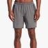 A male model wears charcoal heather gray Rvca Yogger 17" Stretch Shorts, showcasing their athletic fit and performance