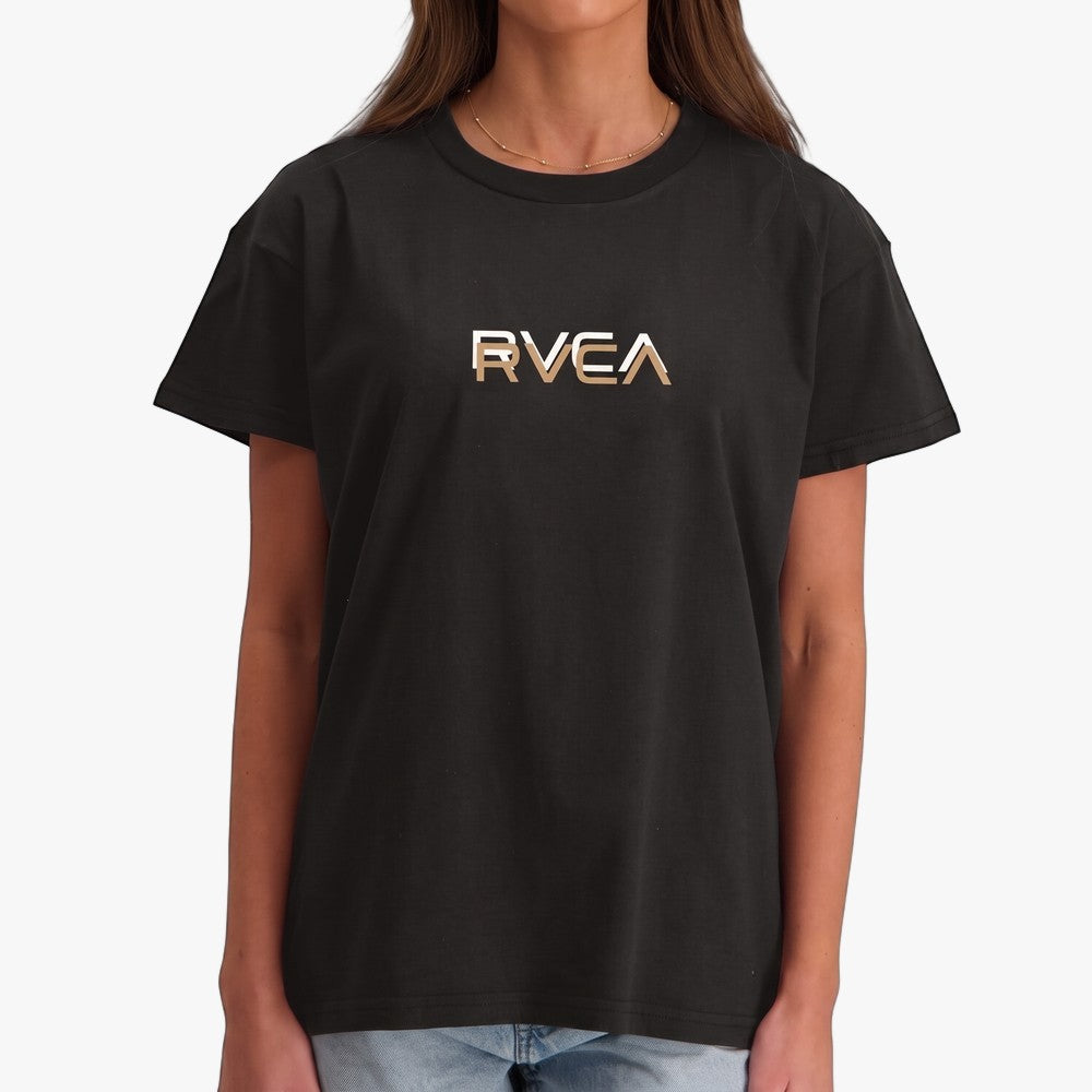 Black Rvca Womens Big Rvca Shadow Short Sleeve Tee with gold and white logo detail, shown on a model.