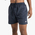 A man wears navy blue Saint And Summer Seth plain board shorts, showcasing the elastic drawstring waist and short leg length.