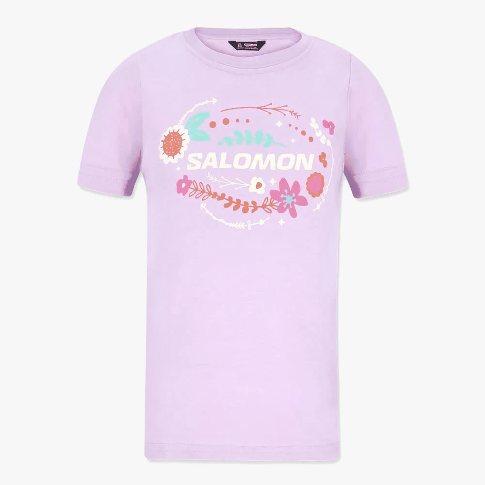 Salomon Girls Flower Girl Tee in Digital Lavender, featuring a colorful floral graphic and short sleeves, presented in a