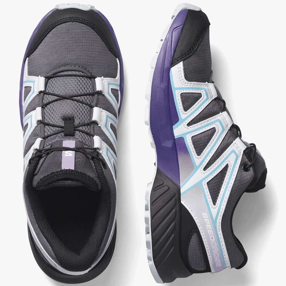 Salomon Kids Speedcross Peak Trail Sneakers, turbulence gray with ballad blue and liberty purple accents. Top and side views.