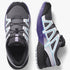 Salomon Kids Speedcross Peak Trail Sneakers, turbulence gray with ballad blue and liberty purple accents. Top and side views.