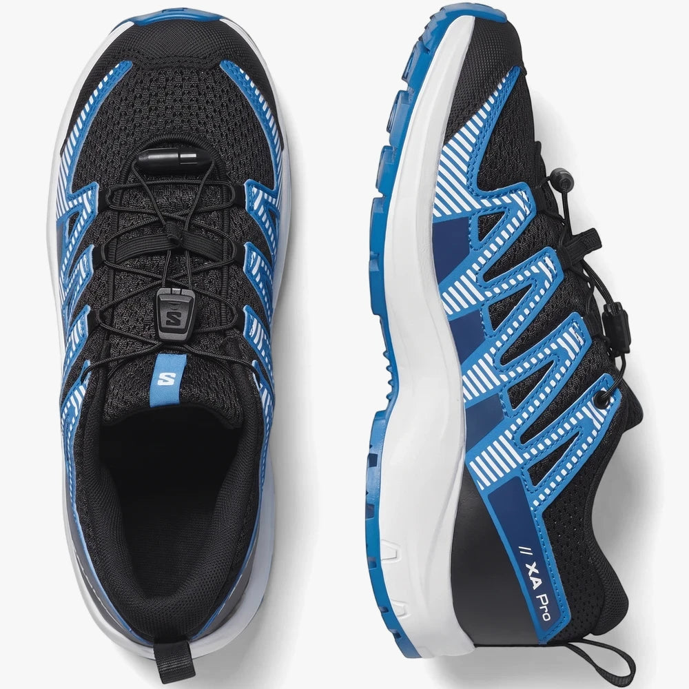 Pair of Salomon Kids Xa Pro V8 trail sneakers in black, white, and French blue, shown from overhead and side views.
