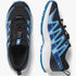 Pair of Salomon Kids Xa Pro V8 trail sneakers in black, white, and French blue, shown from overhead and side views.