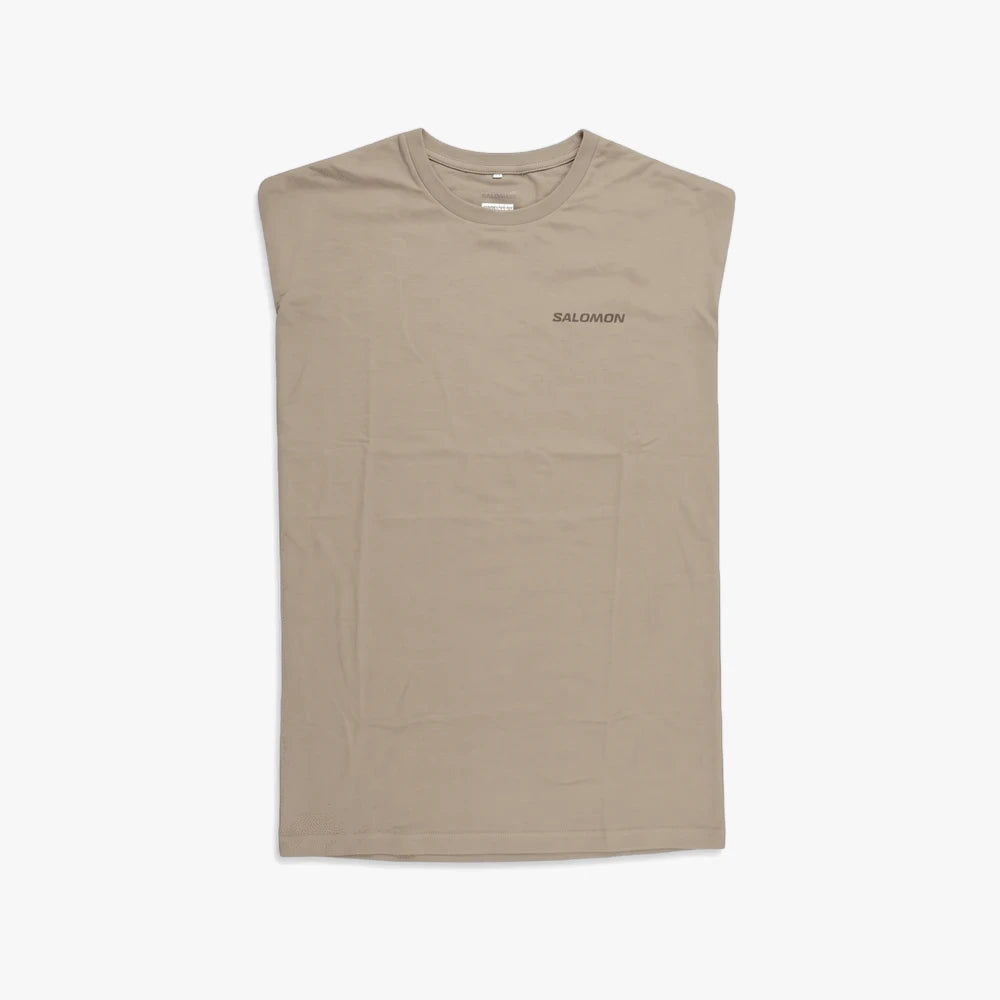 Salomon Mens Core Logo sleeveless tee in white pepper, flat lay view on a plain background.
